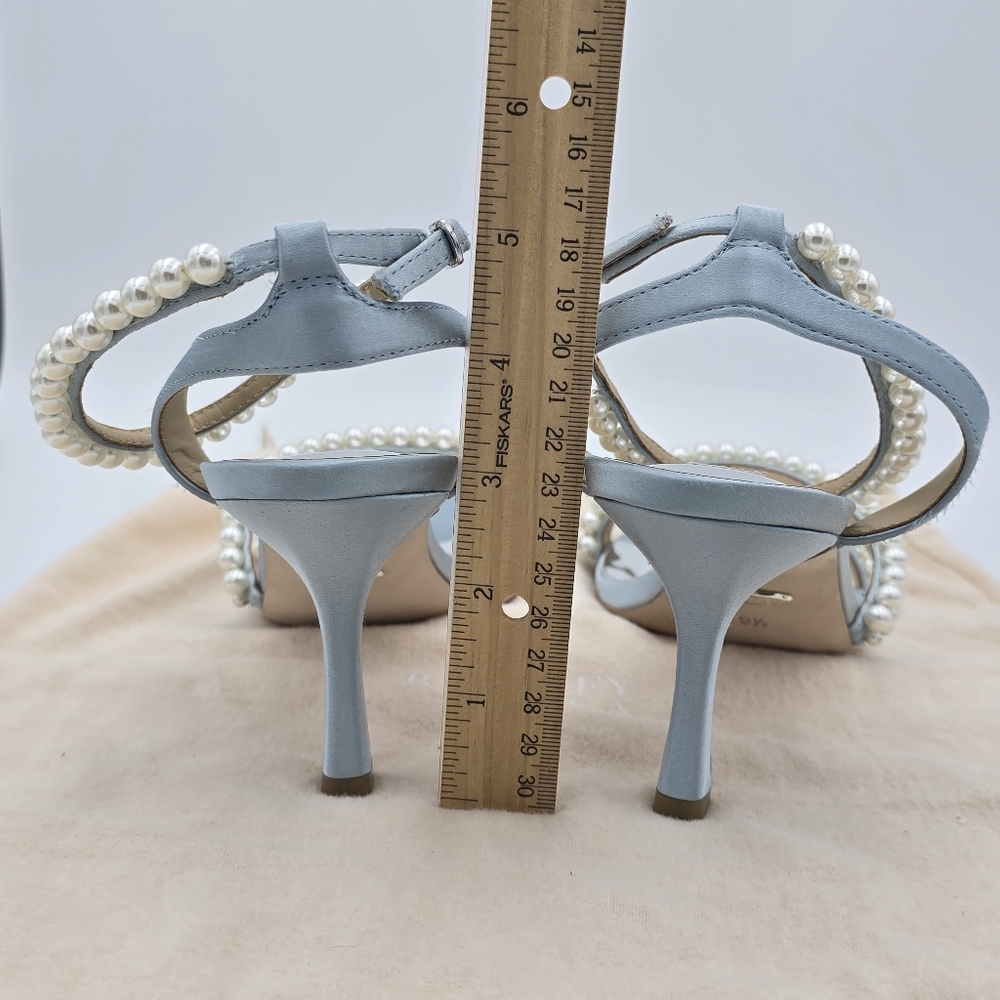 Badgley Mischka Flame Pearl Kitten Heel Sandals, Mist Blue Satin, Women's Sz 9.5 - Picture 9 of 16